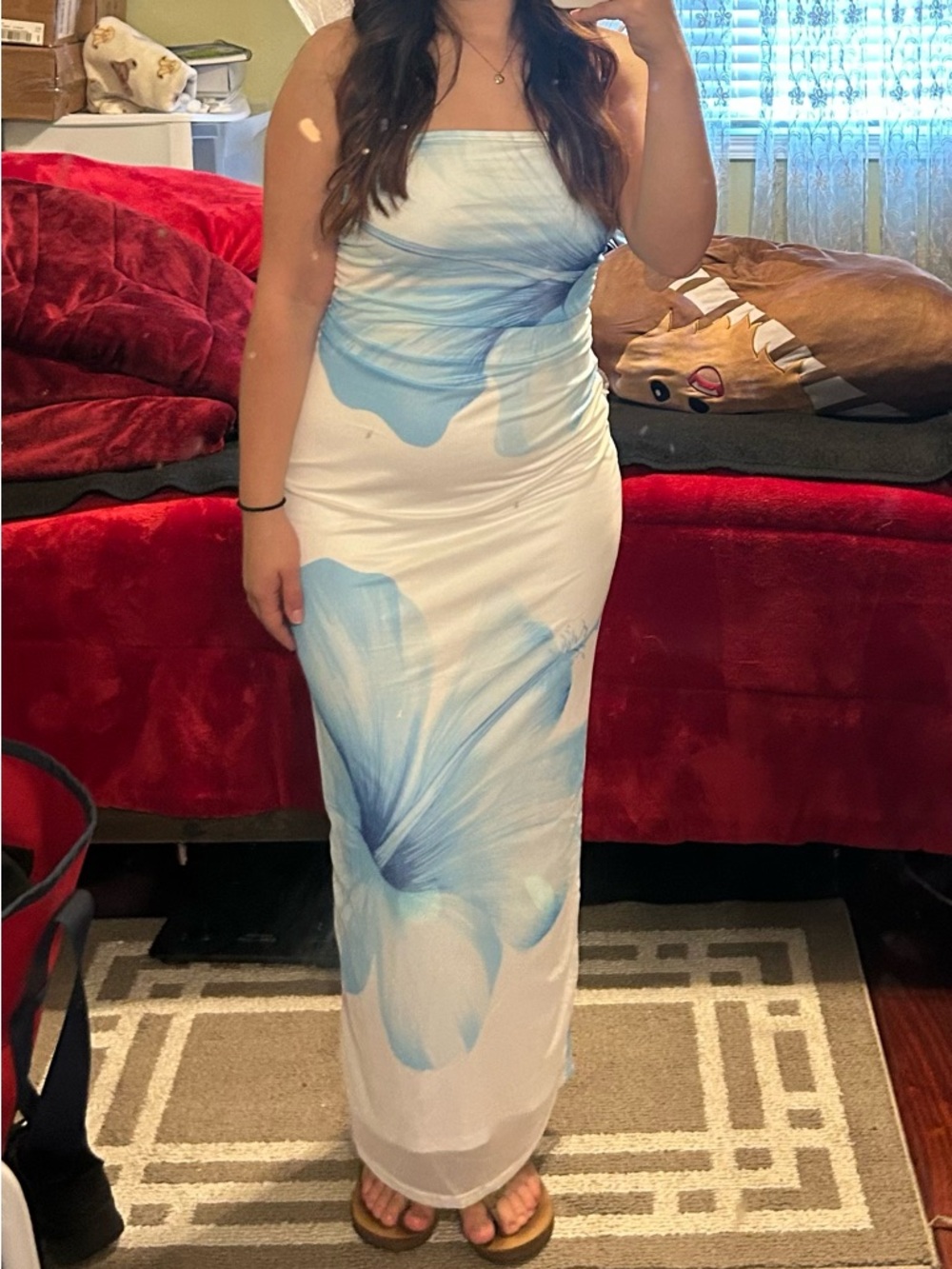 Amazon White Strapless Maxi Dress with Light Blue Floral Print